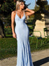 Mermaid Spaghetti Straps Baby Blue Lace Up Lace Prom Dress LBQ3316